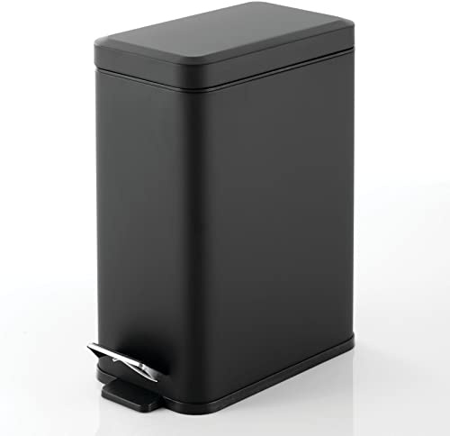 mDesign Pedal Bin — Waste Bin with Pedal, Lid and Plastic Bucket Insert for Bathroom, Kitchen, and Office — Metal Household Rubbish Bin with Ergonomic Design — Black