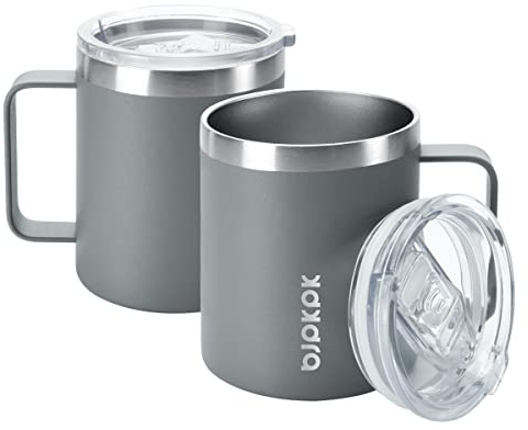 BJPKPK 2PCS Insulated Coffee Mug with Lid, 410 ml Stainless Steel Tumbler | Travel Coffee Mug with Handle, Vacuum Insulated Tumbler Cup for Camping, Office, Home, BPA Free Lid, Hot & Cold
