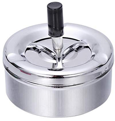 Nicejoy Runder Aschenbecher mit Deckel Edelstahl Aschenbecher Schöner Moderner Drehaschenbecher Windaschenbecher Metall Chrom 9cm Durchmesser H-16051 Silber
