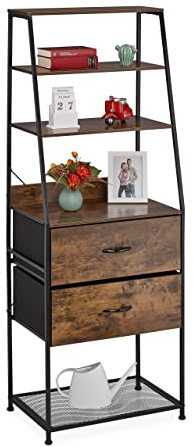 Relaxdays Vintage Regal, 2 Schubladen, 5 Ablagen, schwarz/braun | Industrial Design, HBT: 164 x 60 x 41,5 cm, Standregal