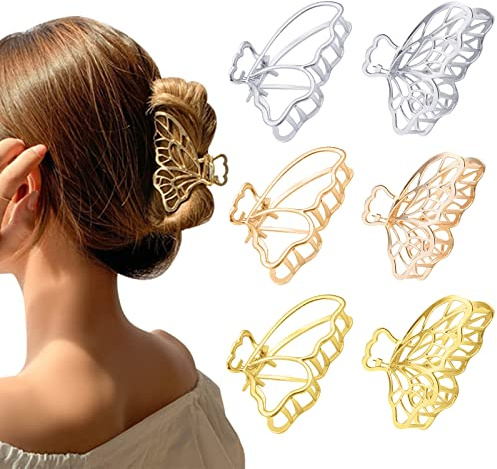 Bügelklammer aus Metall:6Stk Metall-Haarspangen – Große Haarspangen & Haarklammern im Vintage-Stil – Schmetterlings-Haarspangen für Damen und Mädchen (Gold, Roségold, Silber)
