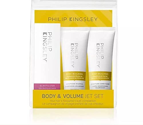 Philip Kingsley | Set de viaje para el cuidado del cabello corporal y voluminoso | Contiene elastizante, champú de culturismo y acondicionador de culturismo | 3 x 75ml