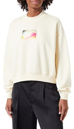 Calvin Klein Jeans Damen Sweatshirt Illuminated Box Logo Crew Neck ohne Kapuze, Beige (Vanilla), L