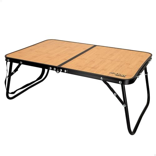 AKTIVE Table Basse Pliable, 60X40X25 cm, Effet Bambou, avec Serrure de Sécurité, Structure en Aluminium, Plateau en Bois MDF, Supporte 20 kg, Poignée et Sangle de Transport