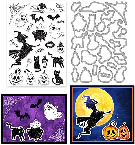 ORIGACH Halloween Themed Klare Stempel und Stanzformen Set für Kartenherstellung Halloween Hexe Kürbis Geist Silikonstempel Stanzschablonen Stanzen für DIY Scrapbooking Handwerk Grußkarte Dekor