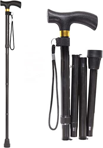 Bastone da passeggio pieghevole con impugnatura a T, regolabile in altezza, per anziani, disabili, uomini e donne, colore: nero