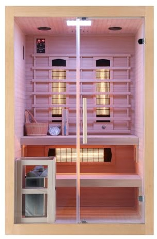 Sanotechnik Cabina de infrarrojos y sauna finlandesa TWINCOMBI – 130 x 120 x 200 cm – Para 2 personas, foco de espectro completo, estufa de sauna con piedras de sauna, luz LED de color (7 colores),