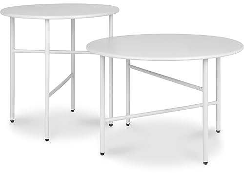 bomoe 2er Set Beistelltisch Outdoor Gartentisch Rund Kratzfeste Oberfläche | Weiß stabiler Couchtisch leicht In- & für Wohnzimmer Balkon Terrasse Nachttisch Bett Schlafzimmer Tisch Metalltisch Finn