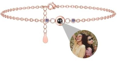 Foto Armband Personalisierte Rund Geburtsstein Projektion Armband mit Eigenen Bild im Stein Lupe Versteckte Foto Armbänder für Damen Frauen Familie Freundschaft Weihnachten Memorial Silber Rose Gold