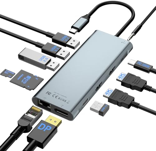 PWAYTEK USB C Docking Station dreifacher Monitor Laptop Docking Station 12 in 1 USB C Hub Multiport Adapter unterstützt 2 HDMI DP 100W PD 2 USB3.1 RJ45 SD/TF Audio für Type C Laptops C12D03
