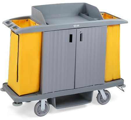 LEADZM 266LBS Premium Hotel & Housekeeping Cart with Door on Wheels, Multifunctional Commercial Cleaning Cart with Large Capacity Vingyl Bags, Comfor Grip Handles and Easy Move Casters, Gray