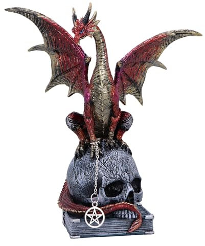 Nemesis Now Fate of The World - Figura de 23 cm, Resina, Rojo/Dorado, Figura de dragón wiccano, dragón Rojo sobre Calavera y Adorno de Libro, Regalo de dragón gótico, Fundido en la Mejor Resina,