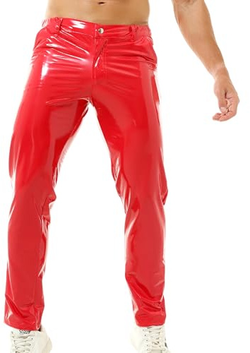 QiaTi Pantalones de piel sintética para hombre, informales, elásticos, de piel sintética, pierna recta, ajustados, pantalones largos para motociclismo, club nocturno, pantalones largos, rojo, XXL