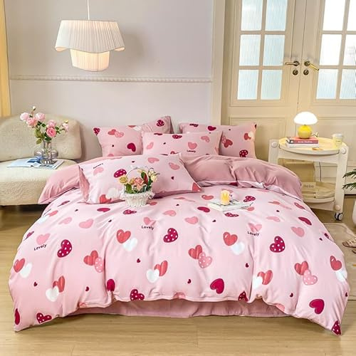 Freyamy Housse de Couette 240x260 Amour Rose Parure de lit 2 Personne en Microfibre avec Fermeture Éclair Réversible Sets de Housse Couette avec 2 Taie d'oreiller 65 x 65cm pour Filles Enfants