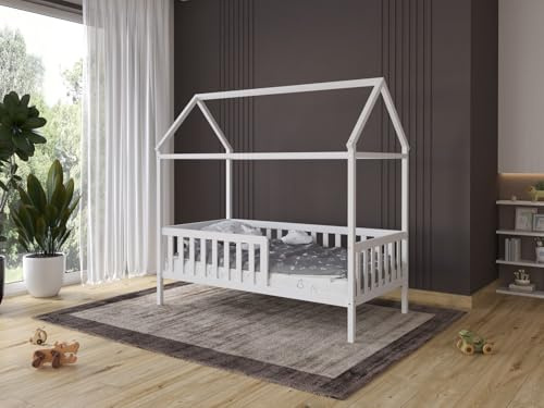 Love For Sleep Cuna Convertible en Cama 160x80cm Cama con Forma De Casa, Estructura De Cama Infantil, Cama Acogedora para Niños Pino JUNBED Juego Completo de Cuna - Cuna Cama Bebe Convertible