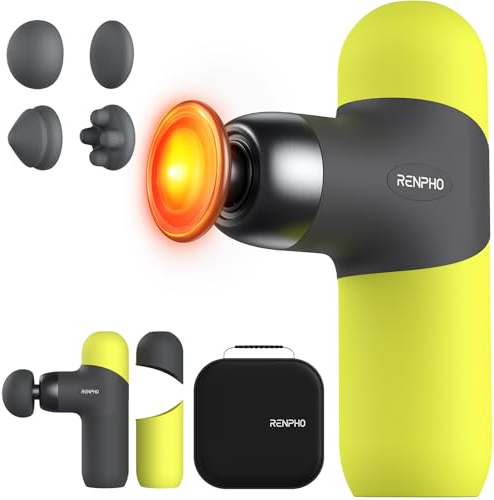 RENPHO Mini Massagepistole mit Wärmefunktion für Reisen Entspannung, Grün | Tragbare, Ultraleise Mini-Massagepistole mit 4 Stufen, 4 Aufsätzen und Tragetasche für Fitnessstudio, Büro & Reisen, Geschenk