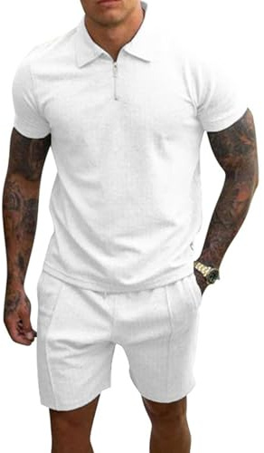 PRIVIMIX Chándal de Verano para Hombre 2 Piezas Manga Corta Camisetas de Polo y Correr Conjunto de Camisas Pantalones Cortos Negocios Ropa de Ocio Blanco M