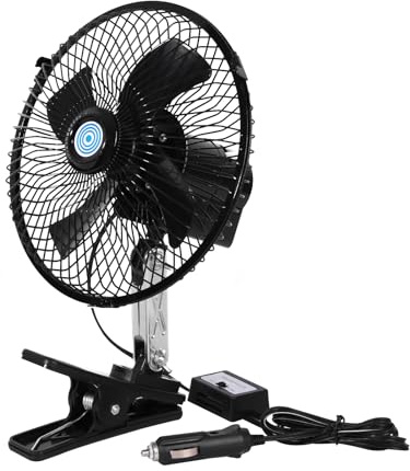 CYDZSW Ventilatore per auto da 12 V che soffia aria fredda, regolazione a 360°, piccole ventole con morsetto da 12 Volt CC, ventola oscillante a 90° per camper, veicoli e carrelli elevatori (8 pollici