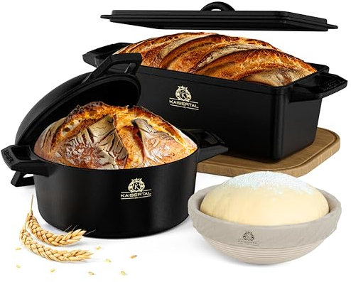 KAISERTAL Brotbackform & Gusseisen-Topf + Gärkorb Set – eingebrannte Gusseisen Töpfe - ideal für Brot, Aufläufe & Schmorgerichte - Backofengeeignet, robust, für Gas, Induktion & Elektro