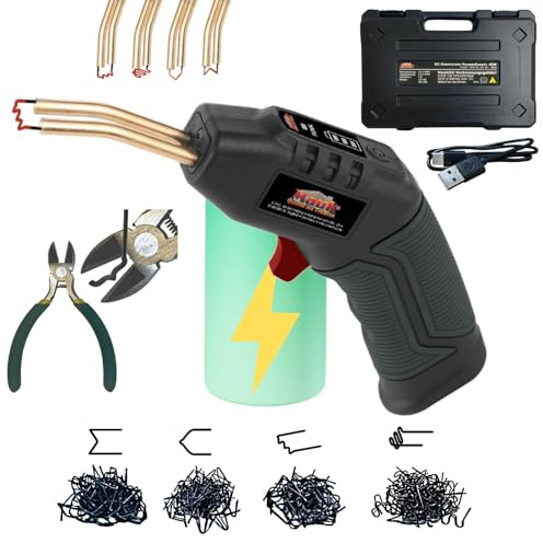 MAUK® Akku Kunststoff Plastik Schweißgerät 40W | 4000 mAh Lithium-Ionen | KFZ Stoßstange Auto Karosserie Reparaturset mit 200 Klammern Nägel, Metallzange & Koffer