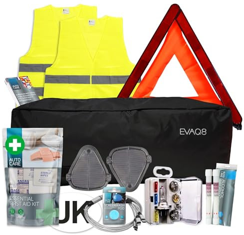 EVAQ8 European Car Travel Kit For Driving in France With Breathalysers, Warning Triangle, UK Sticker, Hi-Vis Vests, Beam Deflectors, Bulb Kit, First Aid Kit and Information sheet...