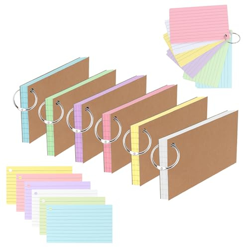 TECDW 300PCS Fiches Bristol Avec Couverture En Papier Kraft Renforcé,éTude 3x5 Pouces Cartes De RéVision,Cartes Flash Coloré Pour L’Apprentissage,Le Bureau Et La Maison (Porte-CléS En MéTal 6colors6)