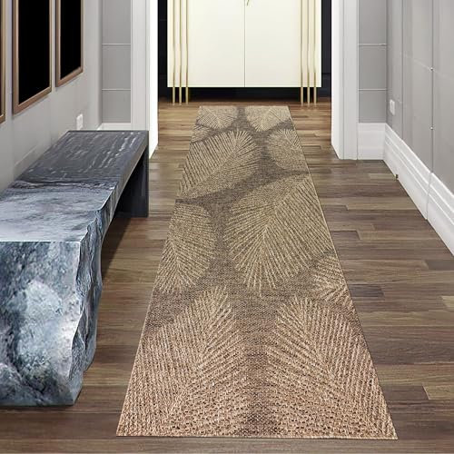 Teppich-Traum Teppich Teppichläufer Flur Indoor- Outdoorteppich wetterfest in dezentem Blättermuster in Beige Braun 80 x 250 cm