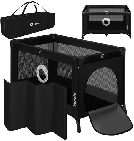 Lionelo Stefi Baby Kinderbett, Reisebett ab Geburt bis 15 kg, Seiteneingang, Sicherungssystem LockGuard, Blockade der Räder, Tragetasche, zusammenklappbar