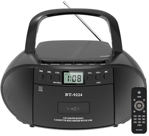 Boombox portatile Bluetooth CD e lettore di cassette – radio AM/FM, riproduzione USB, jack auricolari, telecomando, alimentazione a batteria – Radio compatta e lettore nastro combo