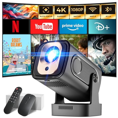 Projector [Auto Focus & 1080P Native & Built-in Apps] 4K Support Auto Correction WiFi 6 Bluetooth 5.4 Air Remote Portable Projector for Bedroom Compatible with HDMI/TV Stick/Memory Stick/Laptop, Black