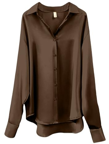 CGGMVCG Damen Tops Sommer Casual Lose Button Down Shirts Langarm Einfarbig Seide Satin Bluse Shirt, braun, L