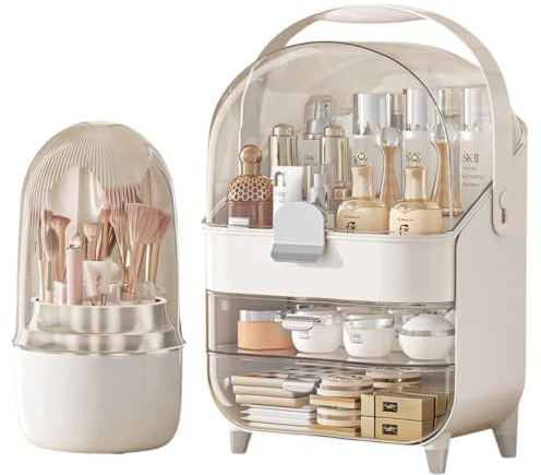 Multi-Purpose Makeup Organiser Case with Rotating Brush Holder - Dustproof Cosmetic Storage Box for Skincare Products, Jewellery, Perfumes, Lipstick for Bedroom Bathroom Countertop (White/Silver)