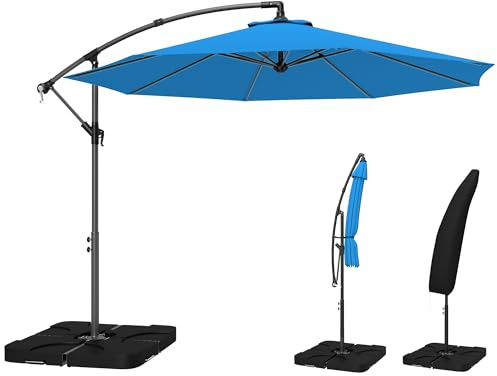 Outsunny 3(m) Garden Banana Parasol Cantilever Umbrella with Crank Handle, Cross Base, Weights and Cover for Outdoor, Hanging Sun Shade, Blue