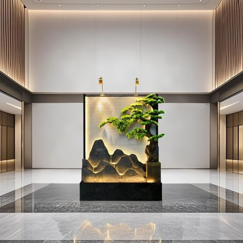 Fontaine murale de luxe de 2 m – Scène de montagne noire et dorée avec lumières LED, décoration intérieur/extérieur à 3 panneaux avec bonsaï (ivoire, droite)
