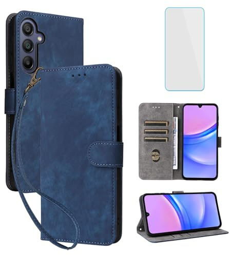 IUQXU for Samsung Galaxy A17 Wallet Phone Case with Screen Protector [RFID Blocking] Leather Flip Card Holder Kickstand Women Men Cell Phone Cover for Galaxy A17 Samsung A 17 Blue