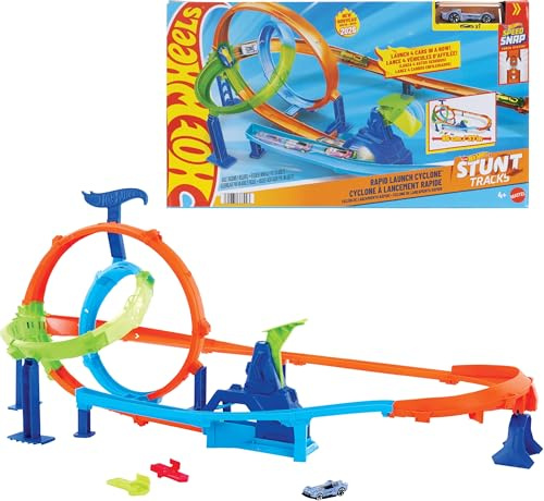 Hot Wheels Stunt Tracks Rapid Cyclone Spielset und 1:64 Auto | Strecken-Set mit 2 Loopings und 2 Crashzonen, inkl. 1 Druckguss-Fahrzeug, Speed Snap Track kompatibel, JHK73