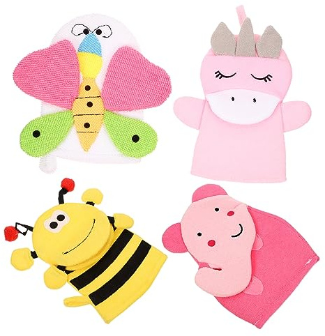 VANZACK 4 Stück-pack Cartoon Peelinghandschuhe aus Baumwollmischung für Kinder mit Einzigartigem Design zum Entfernen Abgestorbener Haut im Badezimmer Zufälliger Stil