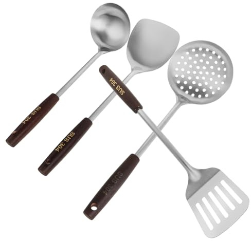 HIAKDOFT 4 piezas Utensilios de Cocina Wok Inoxidable con Mango de Madera Ergonómico Incluye Espátula Ranurada Cucharón y Espumadera Herramientas Versátiles para Saltear Freír y Servir