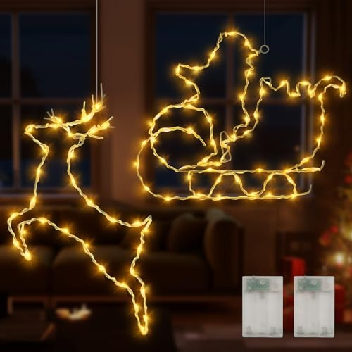 Iluminación navideña para ventana, 2 unidades de luces LED, diseño navideño y Papá Noel, trineo para ventanas, iluminación decorativa, decoración navideña