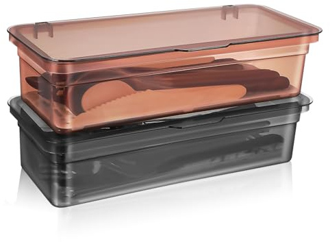 Cabilock Lot de 2 Boîtes à Couverts avec Couvercle, Range-Couverts en Plastique avec Bac d’Égouttage, Organiseur pour Tiroir, Cuisine, Camping et Ustensiles