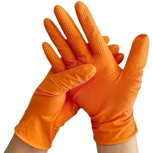 10/50 pezzi 8Mil Guanti monouso in nitrile for impieghi gravosi for meccanici con trama a rombi in rilievo, sicurezza industriale for auto, senza lattice(Diamond Orange 10PCS,XL)