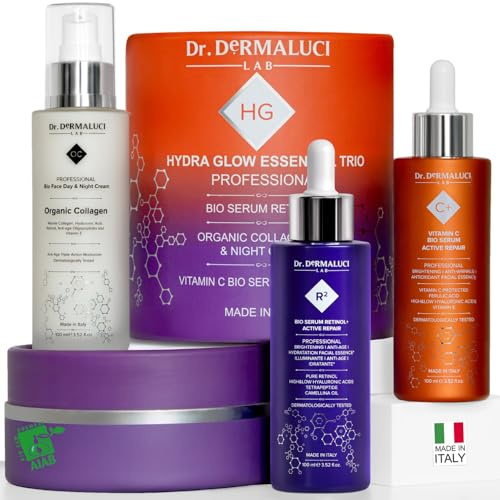 Dr. Dermaluci Lab BIO Women's Anti-Age Presentask - Komplett Rutin med Retinol, Kollagen & C-vitamin - 2 serum + kräm (3 × 100 ml) - För känslig hud, nickeltestad, tillverkad i Italien