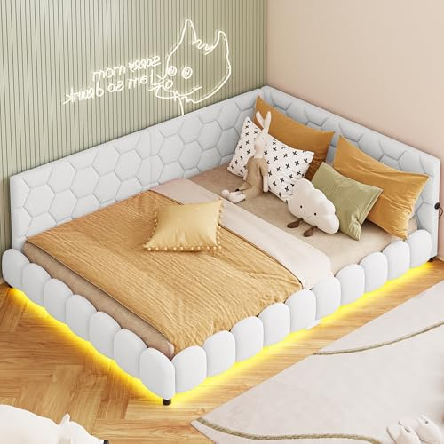 MISNODE Sängsäng, bäddsoffa, 140 x 200, bäddsoffa med LED och USB, L-formad sängsäng, bäddsoffa med ribbotten, barnsäng, ungdomssäng, dagsäng, dubbelsäng, lammull, utan madrass (vit, KK01)