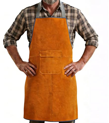Zymuegist Leather Welding Work Apron, Heat and Flame Resistant with Quick buckle, Size 34.3x23.2 Inch (Yellow)