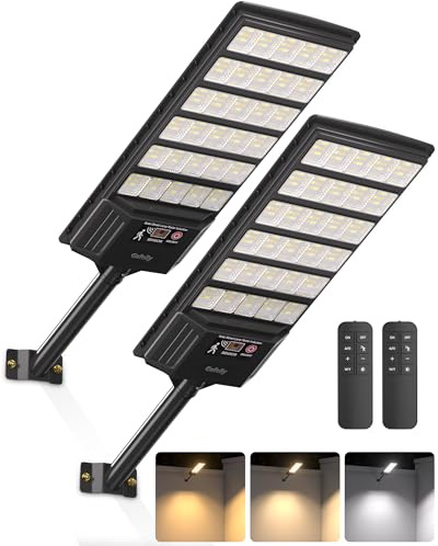 Gefolly Lampadaire Solaire Exterieur, 3000K/4000K/6000K Lampe Solaire Puissante avec Télécommande, IP67 Étanche Spot LED Extérieur Detecteur Pour Rue Garage Éclairage Public-2Pack