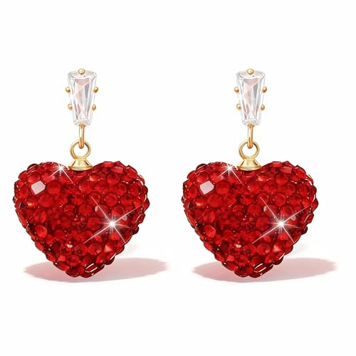 Herz Ohrringe Hängend Damen, Exquisit Valentinstag Ohrringe, Romantisch Heart Earrings, Strass Herzohrringe für Damen Schmuckzubehör zum Valentinstag (Rot-A)