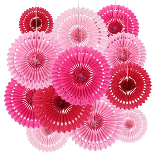 BestoFun 12 Stück Papier Fächer Set Rosa Party Deko Rose Papier Fächer Dekoration für Gartenparty Kinder Geburtstagsdeko Hochzeit Baby Shower