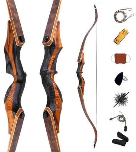 Deerseeker Archery Recurvebogen Set 60/62 Zoll Traditioneller Langbogen mit Holzlamellen-Wurfarmen, Rechts- & Linkshänder, für Erwachsene & Jugendliche, Übungs- und Jagdbogen zum Schiessen (60-LH25)
