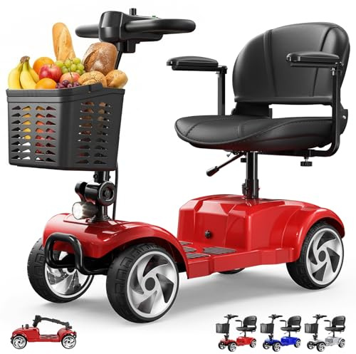 Seniorenmobil 4 Rad Klappbar Elektromobil für Senioren und Erwachsene 12AH Akku Elektrische Gehhilfe 20km Reichweite Faltbares Elektromobil mit Sitz und Korb bis 150kg für Privatgebrauch, Rot
