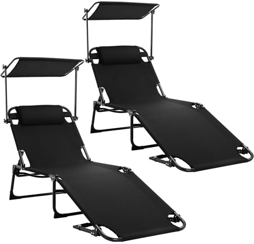 LIFERUN Sonnenliege klappbar mit Dach 2pcs, 190×59 extra breit, bis 150kg belastbar, Liegestuhl verstellbar mit 5 Rückenlehnen, Kissen Atmungsaktiver Oxford-Stoff Pool, Garten Camping Balkon Strand
